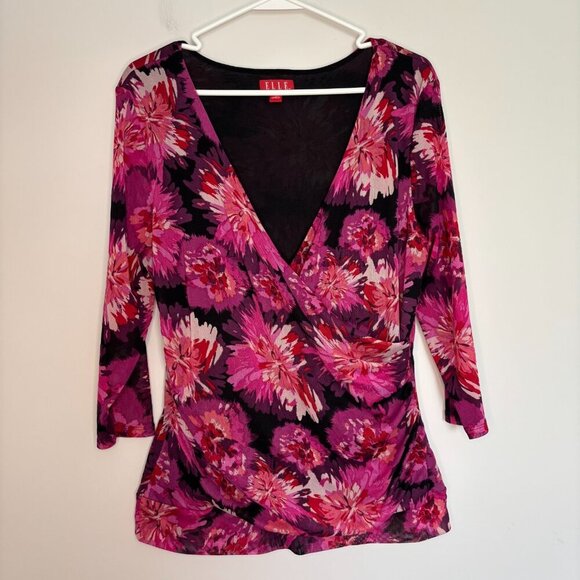 ELLE V-Neck Faux Wrap Blouse Womens XL Purple Floral 3/4 Slv Stretch Lined Mesh - Picture 5 of 8